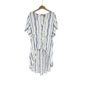 Wrangler White Blue Floral Womens Tie Front High Low Tie Front Top Kimono Large
